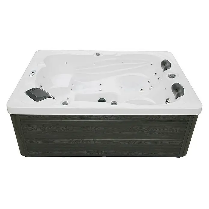 Home Deluxe Außen-Whirlpool SUNSET PURE - Anthrazit, Max. Personenzahl: 3 Stk. - Großaufnahme eines quadratischen Whirlpools mit Holzboden und zahlreichen Düsen für ein entspannendes Badeerlebnis.