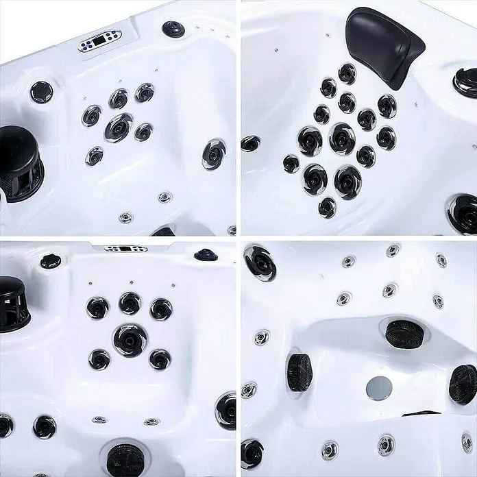 Home Deluxe Outdoor Whirlpool BEACH Mit Treppe und Thermoabdeckung -  - Detailaufnahme eines Whirlpools mit verschiedenen Düsen und Bedienelementen. Das hochwertige Design sorgt für Entspannung.