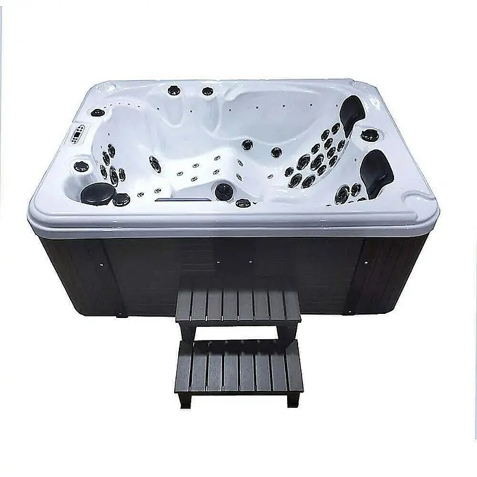 Home Deluxe Outdoor Whirlpool BEACH Mit Treppe und Thermoabdeckung -  - Abbildung eines Whirlpools mit braunem Gehäuse und passenden Stufen. Der Whirlpool ist weiß und hat viele Düsen.