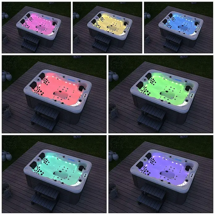 Home Deluxe Outdoor Whirlpool BEACH Mit Treppe und Thermoabdeckung -  - Mehrere Ansichten eines Whirlpools mit farbwechselnden Lichtern, der ein entspannendes und therapeutisches Erlebnis bietet.