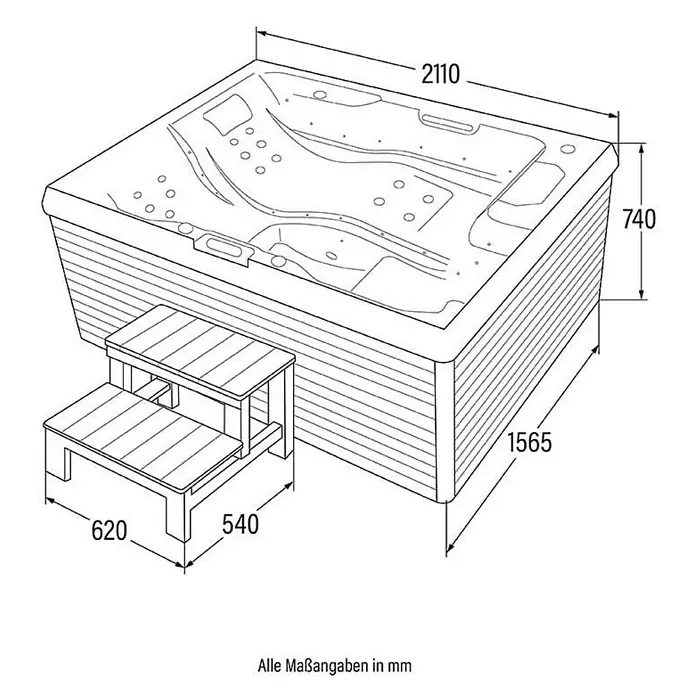 Home Deluxe Außen-Whirlpool STREAM inkl. Treppe und Thermoabdeckung - Anthrazit, Max. Personenzahl: 3 Stk. - Darstellung eines Whirlpools mit Treppe und Maßangaben für ein umfassendes Verständnis der Produktabmessungen.