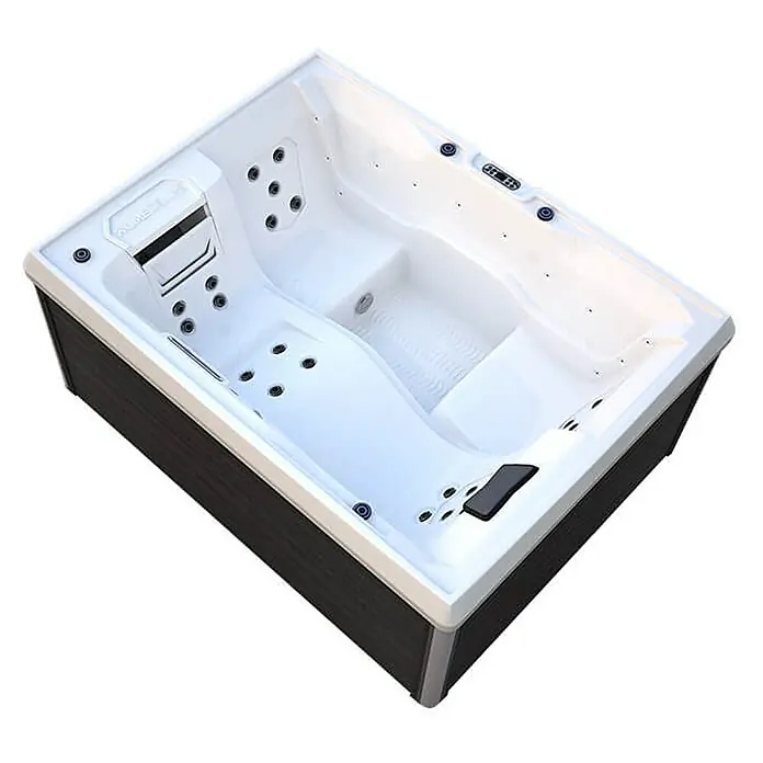 Home Deluxe Außen-Whirlpool STREAM inkl. Treppe und Thermoabdeckung - Anthrazit, Max. Personenzahl: 3 Stk. - Nahaufnahme eines rechteckigen Whirlpools mit dunklen Holzverkleidungen und einer weißen Innenausstattung, der Komfort und Entspannung verspricht.