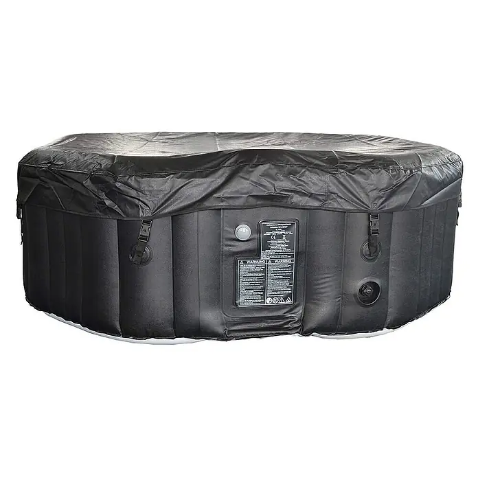 Home Deluxe Außen-Whirlpool DROP inkl. Abdeckung - 185 x 185 x 65 cm, Schwarz, Max. Personenzahl: 6 Stk. - Hier ist ein Bild von einem aufblasbaren Whirlpool mit schwarzer Abdeckung. Der Whirlpool ist mit Schnallen und Warnhinweisen versehen.