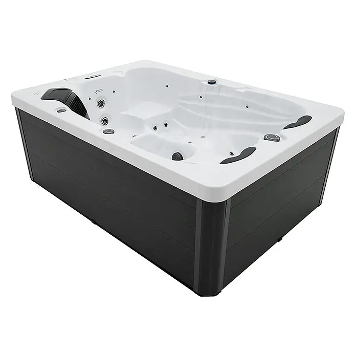 Home Deluxe Außen-Whirlpool SUNSET inkl. Treppe und Thermoabdeckung - Weiß, Max. Personenzahl: 3 Stk. - Ein luxuriöser Whirlpool mit stilvoller Holzverkleidung und einladendem weißen Innenraum für entspannende Momente.