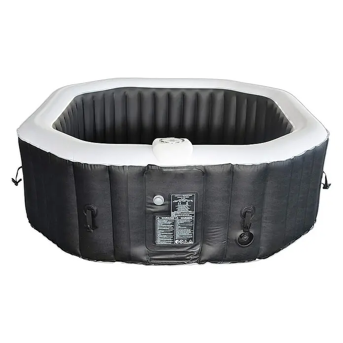 Home Deluxe Außen-Whirlpool DROP inkl. Abdeckung - 185 x 185 x 65 cm, Schwarz, Max. Personenzahl: 6 Stk. - Das Bild zeigt einen aufblasbaren Whirlpool in Schwarz und Weiß. Er ist leer und scheint für den Gebrauch im Freien bestimmt zu sein.