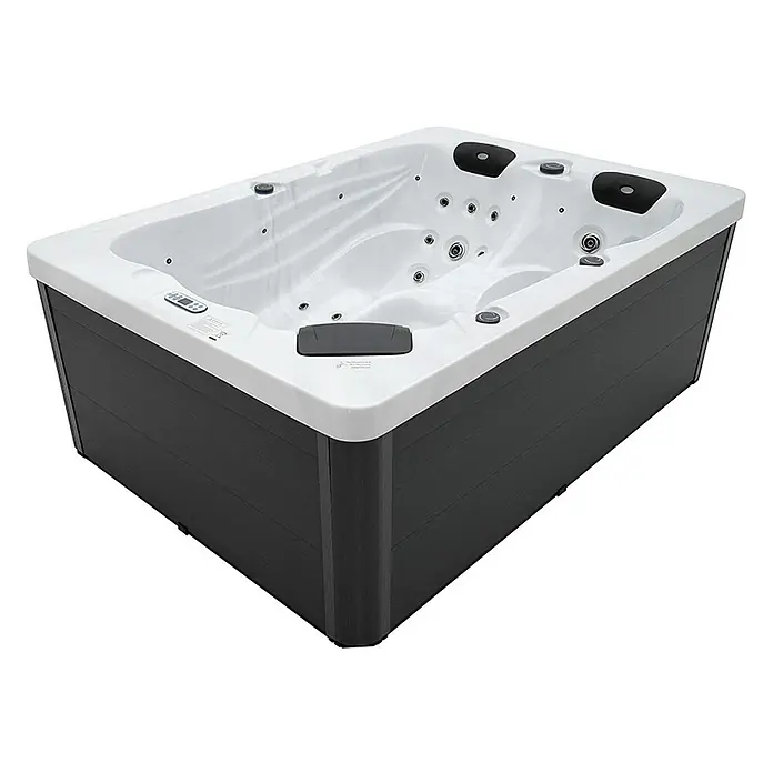 Home Deluxe Außen-Whirlpool SUNSET inkl. Treppe und Thermoabdeckung - Weiß, Max. Personenzahl: 3 Stk. - Blick auf einen rechteckigen Whirlpool mit grauem Gehäuse und weißem Innenraum, der Entspannung und Luxus für Ihr Zuhause verspricht.