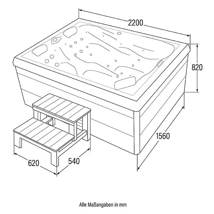 Home Deluxe Außen-Whirlpool SUNSET inkl. Treppe und Thermoabdeckung - Weiß, Max. Personenzahl: 3 Stk. - Maßzeichnung eines rechteckigen Whirlpools mit Treppe, Maße in Millimetern angegeben.