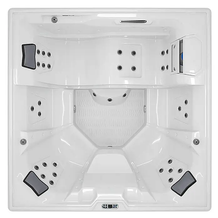 Home Deluxe Außen-Whirlpool STREAM BIG PURE - Anthrazit, Max. Personenzahl: 5 Stk. - Ein quadratischer Whirlpool in Weiß mit mehreren Düsen und bequemen Sitzen für Entspannung.