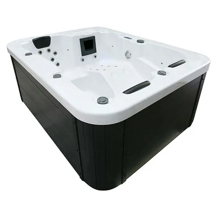 HOME DELUXE - Outdoor Whirlpool WHITE MARBLE PURE - 210 x 160 cm für 3 Personen | Ausstattung: Pure -  - Ein luxuriöser Whirlpool in Weiß mit dunklen Holzverkleidungen. Perfekt für Entspannung und Wellness im eigenen Garten.