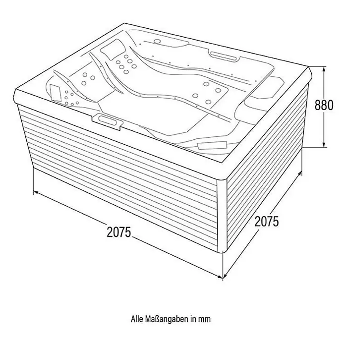 Home Deluxe Außen-Whirlpool STREAM BIG PURE - Anthrazit, Max. Personenzahl: 5 Stk. - Abbildung eines Whirlpools mit den Maßen 2075 x 2075 x 880 mm.