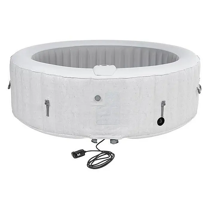Home Deluxe Außen-Whirlpool SPLASH inkl. Abdeckung - 208 x 208 x 65 cm, Beton, Max. Personenzahl: 6 Stk. - Abbildung eines Lay-Z-Spa Whirlpools. Der runde, aufblasbare Whirlpool ist in weiß gehalten und verfügt über Bedienelemente und Anschlüsse.