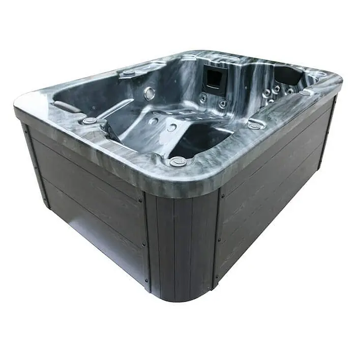 HOME DELUXE - Outdoor Whirlpool BLACK MARBLE - Mit Treppe und Thermoabdeckung | Ausstattung Mit Treppe und Thermoabdeckung -  - Ein grauer Whirlpool mit einer holzartigen Außenseite und einem marmorartigen Innenraum, der Entspannung und Luxus verspricht.