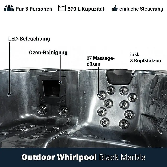 HOME DELUXE - Outdoor Whirlpool BLACK MARBLE - Mit Treppe und Thermoabdeckung | Ausstattung Mit Treppe und Thermoabdeckung -  - Detailansicht des Outdoor Whirlpool Black Marble für 3 Personen, mit 27 Massagedüsen, LED-Beleuchtung und Ozon-Reinigung.