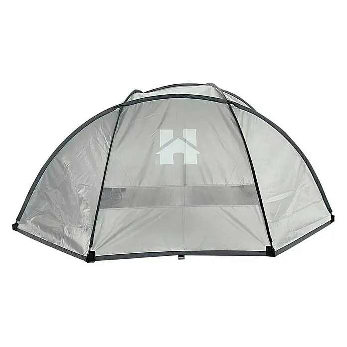 Home Deluxe Außen-Whirlpool DROP inkl. Kissen, Getränkehalter und Sonnendach - 185 x 185 x 65 cm, Schwarz, Max. Personenzahl: 6 Stk. - Nahaufnahme eines grauen Zeltes mit einem weißen Hauslogo in der Mitte und einem grauen Rahmen, isoliert auf einem weißen Hintergrund.