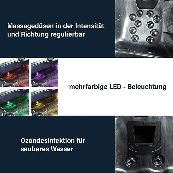 HOME DELUXE - Outdoor Whirlpool BLACK MARBLE - Mit Treppe und Thermoabdeckung | Ausstattung Mit Treppe und Thermoabdeckung -  - Detailaufnahme eines Whirlpools mit verschiedenen Funktionen: Massagedüsen, LED-Beleuchtung und Ozondesinfektion für sauberes Wasser.