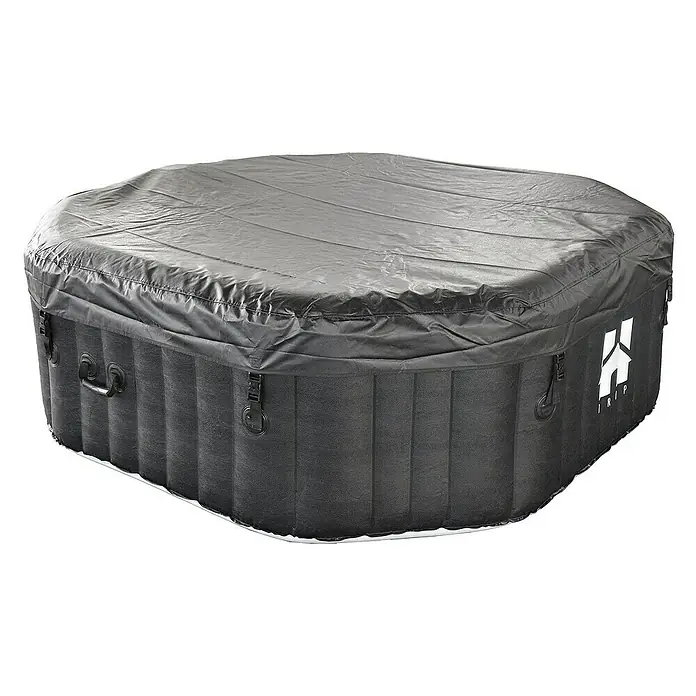 Home Deluxe Außen-Whirlpool DROP inkl. Kissen, Getränkehalter und Sonnendach - 185 x 185 x 65 cm, Schwarz, Max. Personenzahl: 6 Stk. - Abgedeckter aufblasbarer Whirlpool in Schwarz mit seitlichen Tragegriffen und Markenzeichen.