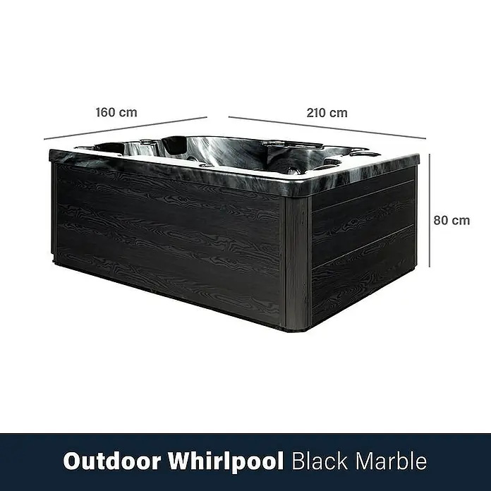 HOME DELUXE - Outdoor Whirlpool BLACK MARBLE - Mit Treppe und Thermoabdeckung | Ausstattung Mit Treppe und Thermoabdeckung -  - Abbildung eines Outdoor-Whirlpools in schwarzem Marmor mit den Maßen 160 x 210 x 80 cm.