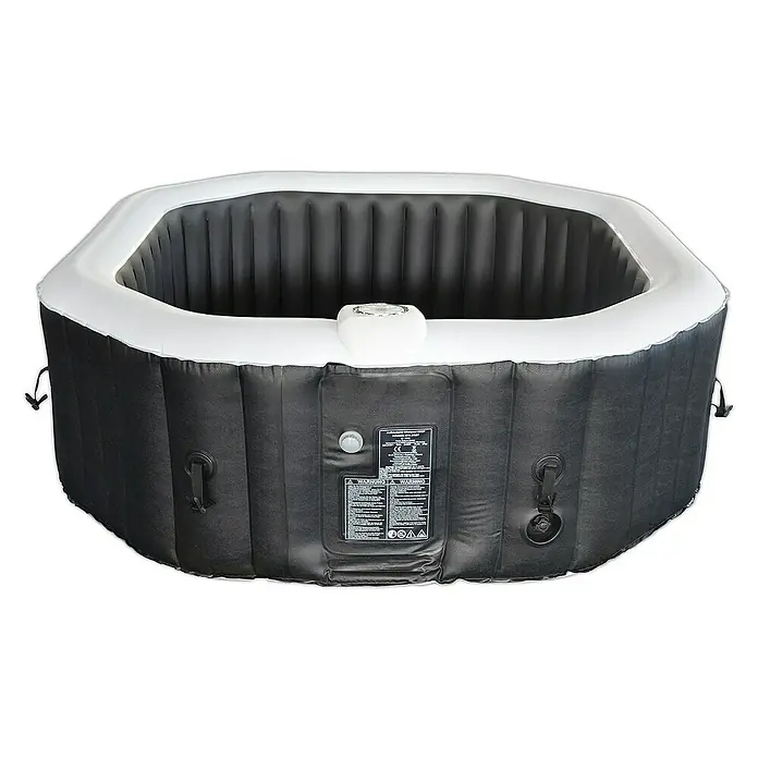 Home Deluxe Außen-Whirlpool DROP inkl. Kissen, Getränkehalter und Sonnendach - 185 x 185 x 65 cm, Schwarz, Max. Personenzahl: 6 Stk. - Hier sehen wir ein aufblasbares, achteckiges Lay-Z-Spa Whirlpool, welches mit einer schwarzen Außenseite und weißem Rand ausgestattet ist.