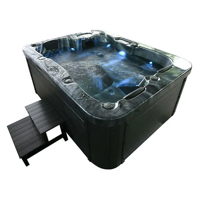 HOME DELUXE - Outdoor Whirlpool BLACK MARBLE - Mit Treppe und Thermoabdeckung | Ausstattung Mit Treppe und Thermoabdeckung -  - Luxuriöser Whirlpool mit integrierter Treppe. Entspannung pur im eigenen Garten.
