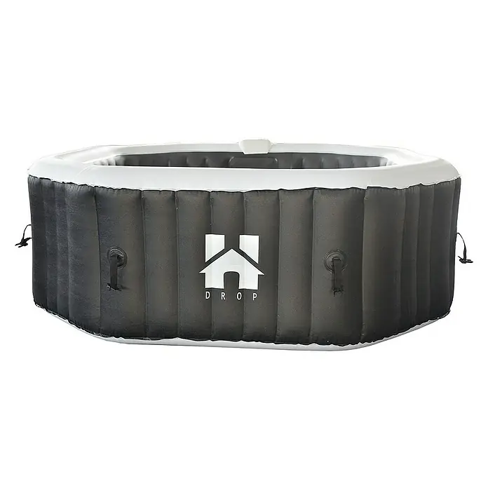 Home Deluxe Außen-Whirlpool DROP inkl. Kissen, Getränkehalter und Sonnendach - 185 x 185 x 65 cm, Schwarz, Max. Personenzahl: 6 Stk. - Abbildung eines Drop Spas mit schwarzer Außenhülle und weißer Innenauskleidung.