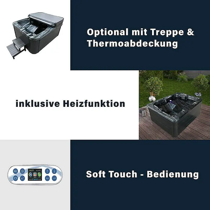 HOME DELUXE - Outdoor Whirlpool BLACK MARBLE - Mit Treppe und Thermoabdeckung | Ausstattung Mit Treppe und Thermoabdeckung -  - Luxus-Whirlpool mit optionaler Treppe, Thermoabdeckung, Heizfunktion und Soft-Touch-Bedienung für ein entspannendes Badeerlebnis.