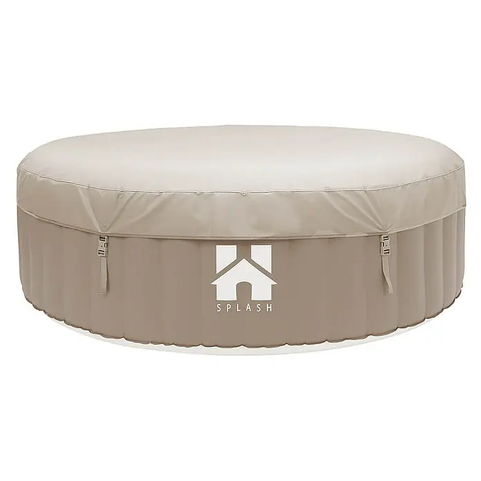 Home Deluxe Außen-Whirlpool SPLASH inkl. Kissen, Getränkehalter und Sonnendach - 208 x 208 x 65 cm, Beige, Max. Personenzahl: 6 Stk. - Ein runder, beiger SPLASH-Whirlpool mit Abdeckung und Logo auf der Seite, ideal für Entspannung im Garten.