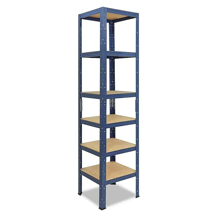 shelfplaza Schwerlastregal HOME - H x B x T: 230 x 40 x 40 cm, Traglast pro Boden: 175 kg, Stecken, blau - Ein blaues Regal mit fünf Ablagen aus hellem Holz ist zu sehen, ideal für Lagerung und Organisation im Haus oder Büro.