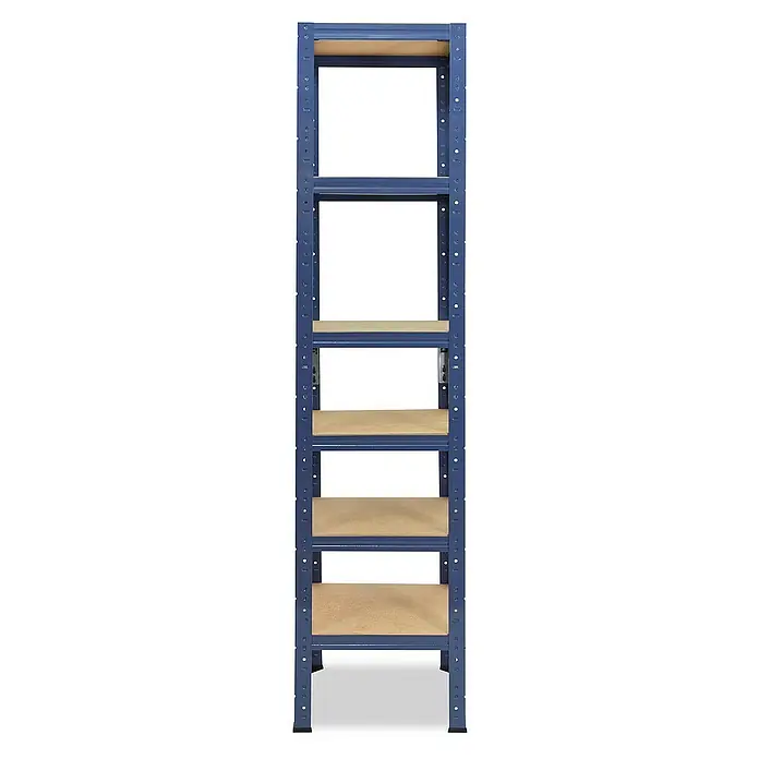 shelfplaza Schwerlastregal HOME - H x B x T: 230 x 40 x 40 cm, Traglast pro Boden: 175 kg, Stecken, blau - Nahaufnahme eines blauen Metallregals mit mehreren Regalböden. Das Regal ist hoch und schmal, ideal zur Aufbewahrung.