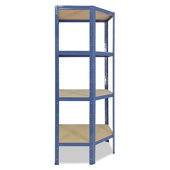 shelfplaza Schwerlastregal HOME - H x B x T: 155 x 60 x 30 cm, Traglast pro Boden: 175 kg, Stecken, blau - Nahaufnahme eines blauen Eckregals mit vier Regalböden aus Holzwerkstoff für die Lagerung und Organisation im Büro oder zu Hause.