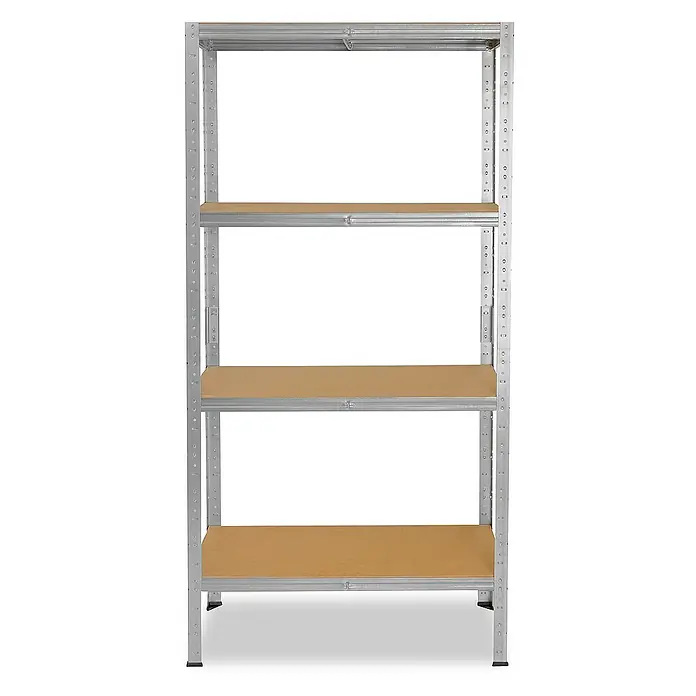 shelfplaza Schwerlastregal HOME - H x B x T: 180 x 100 x 60 cm, Traglast pro Boden: 175 kg, Stecken, verzinkt - Das Bild zeigt ein stabiles Metallregal mit vier Holzregalböden, ideal für Lagerung und Organisation in Werkstatt oder Keller.