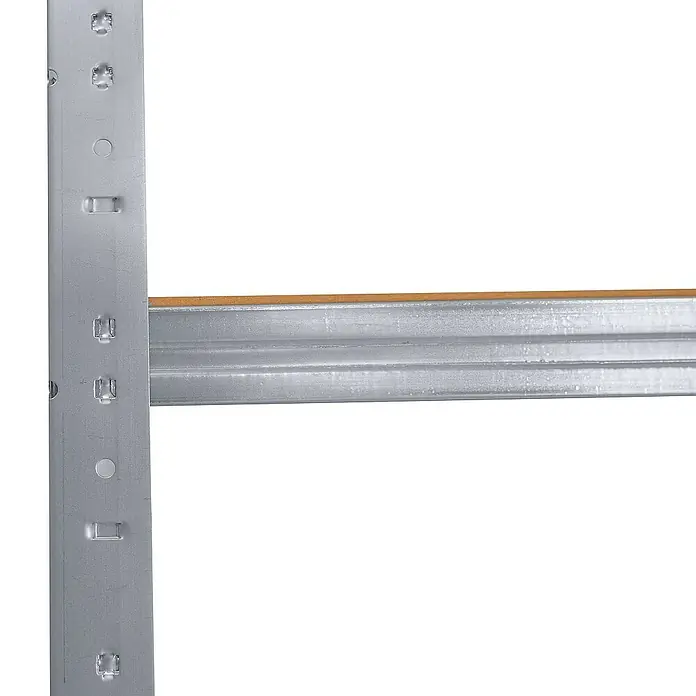 shelfplaza Schwerlastregal HOME - H x B x T: 180 x 100 x 60 cm, Traglast pro Boden: 175 kg, Stecken, verzinkt - Detailansicht eines Lagerregals mit Metallelementen und einer Holzbodenplatte, das Stabilität und Funktionalität vereint.
