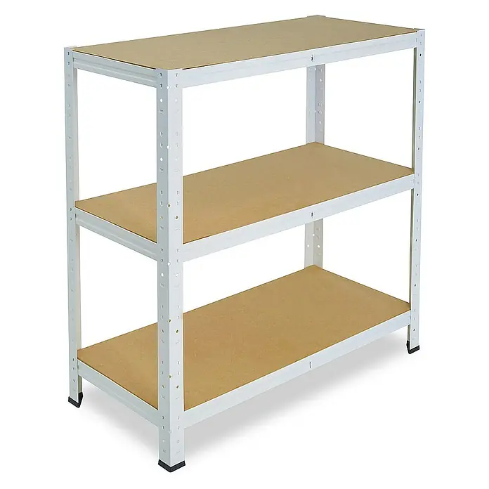 shelfplaza Schwerlastregal HOME - H x B x T: 90 x 110 x 30 cm, Traglast pro Boden: 175 kg, Stecken, weiß - Ein dreistufiges, weißes Metallregal mit hellbraunen Regalböden für Lagerung und Organisation.