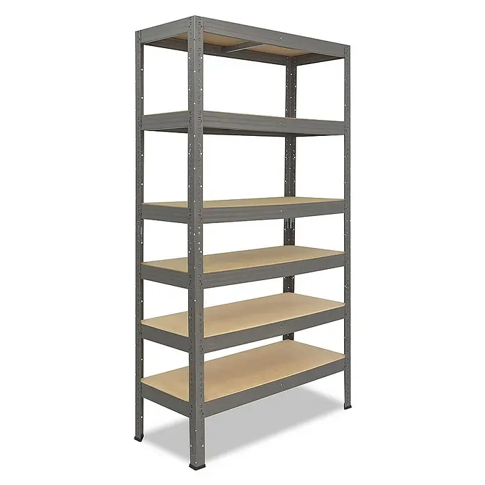 shelfplaza Schwerlastregal PRO - H x B x T: 200 x 50 x 30 cm, Traglast pro Boden: 200 kg, Stecken, grau - Ein graues, freistehendes Regal mit fünf Ebenen aus Holz, ideal für zusätzlichen Stauraum in Werkstatt oder Garage.