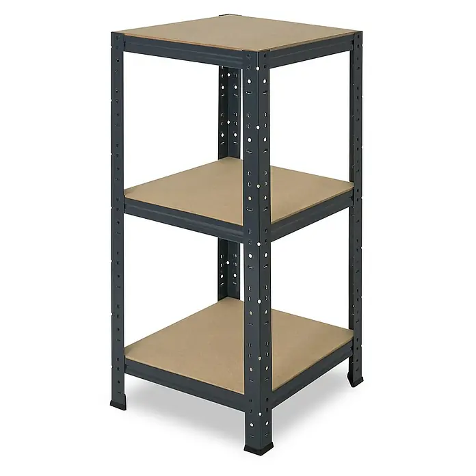 shelfplaza Schwerlastregal HOME - H x B x T: 100 x 60 x 60 cm, Traglast pro Boden: 175 kg, Stecken, anthrazit - Nahaufnahme eines dreistöckigen Schwerlastregals mit Regalböden aus Holz und einem dunkelgrauen Metallrahmen, ideal für die Garage oder Werkstatt.