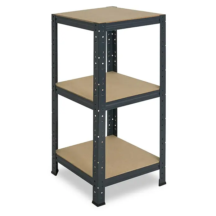 shelfplaza Schwerlastregal HOME - H x B x T: 100 x 60 x 60 cm, Traglast pro Boden: 175 kg, Stecken, anthrazit - Nahaufnahme eines dreistöckigen Lagerregals mit grauem Metallrahmen und Regalböden aus Holzwerkstoff.