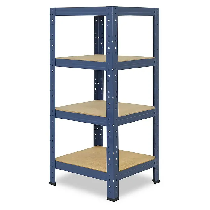 shelfplaza Schwerlastregal HOME - H x B x T: 100 x 40 x 40 cm, Traglast pro Boden: 175 kg, Stecken, blau - Ein blaues, vierstöckiges Regal mit Holzregalböden für zusätzlichen Stauraum und Organisation.