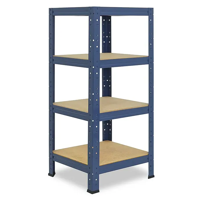 shelfplaza Schwerlastregal HOME - H x B x T: 100 x 40 x 40 cm, Traglast pro Boden: 175 kg, Stecken, blau - Ein blaues, vierstöckiges Lagerregal mit Regalböden aus Holzwerkstoff. Es ist ideal für die Lagerung von Gegenständen in Garage oder Keller.