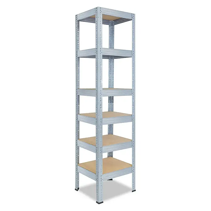 shelfplaza Schwerlastregal PRO - H x B x T: 230 x 45 x 45 cm, Traglast pro Boden: 200 kg, Stecken, verzinkt - Das Bild zeigt ein hohes, freistehendes Lagerregal mit fünf Regalböden. Das Regal hat einen grauen Metallrahmen und helle Holzregalböden.