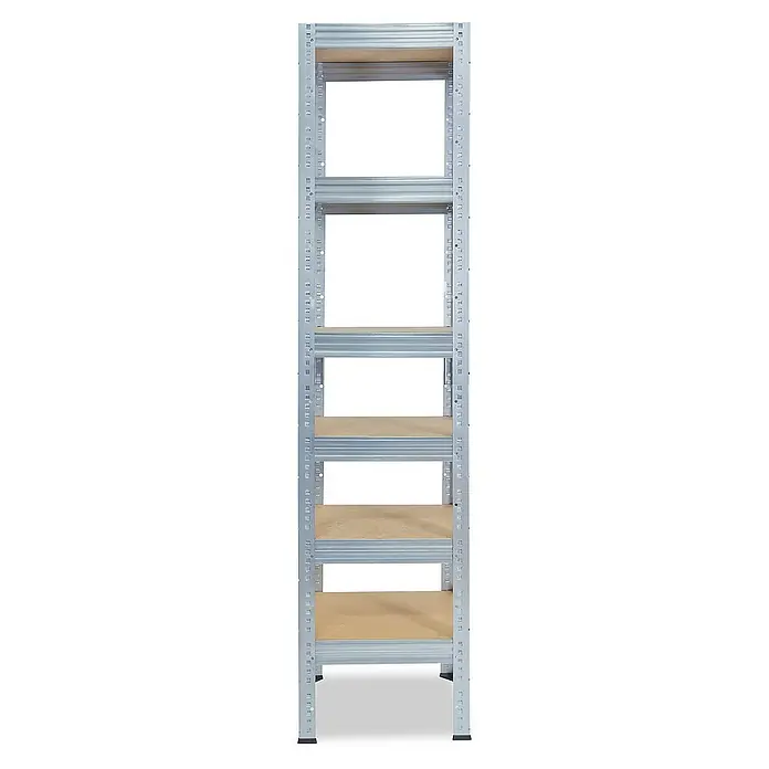 shelfplaza Schwerlastregal PRO - H x B x T: 230 x 45 x 45 cm, Traglast pro Boden: 200 kg, Stecken, verzinkt - Dieses Bild zeigt ein praktisches Metallregal mit robusten Holzplatten, ideal für Lagerung und Ordnung im Haus oder in der Werkstatt.