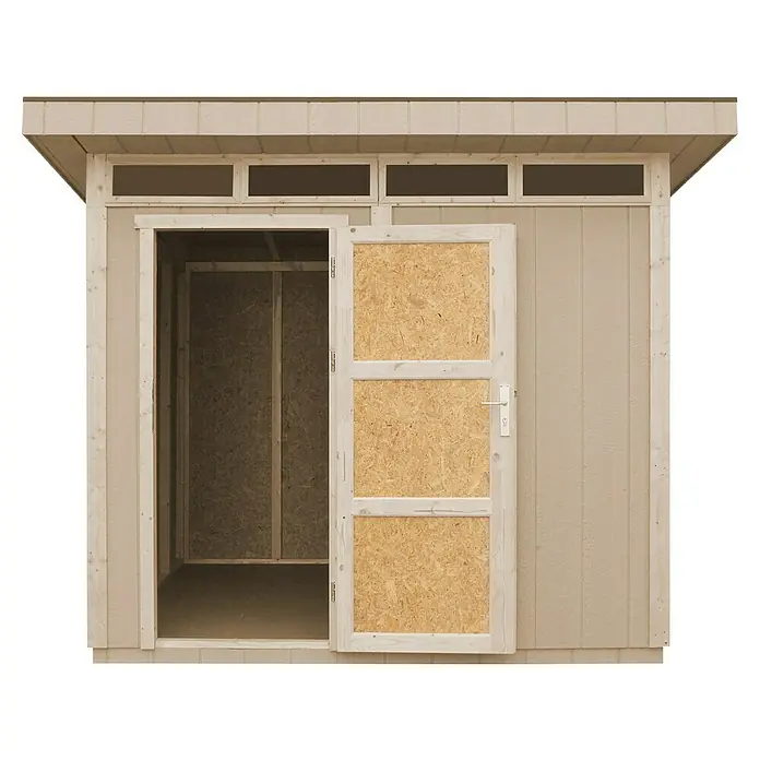 Timbela Gerätehaus M903 - Außenmaß inkl. Dachüberstand (B x T): 294 x 279 cm, Holz, Beige - Eine Holzhütte mit einer offenen Tür, die einen Einblick in den Innenraum gewährt. Das Haus ist in hellen Farben gehalten.