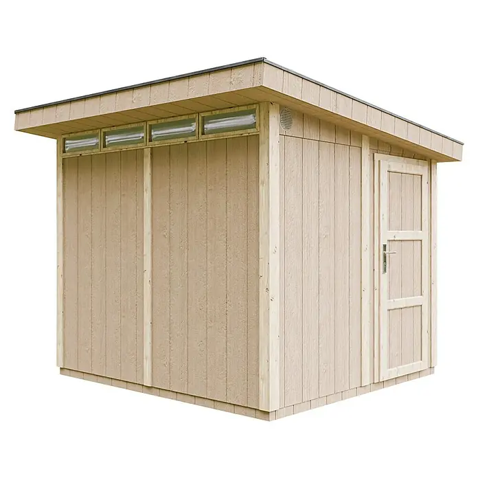 Timbela Gerätehaus M903 - Außenmaß inkl. Dachüberstand (B x T): 294 x 279 cm, Holz, Beige - Abbildung eines hellbraunen Holzschuppens mit einem flachen Dach und einer Tür an der Seite. Ideal zur Aufbewahrung von Gartengeräten.