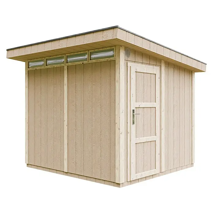 Timbela Gerätehaus M903 - Außenmaß inkl. Dachüberstand (B x T): 294 x 279 cm, Holz, Beige - Ein Holzgartenhaus mit Tür und Oberlichtern. Das Gartenhaus bietet Stauraum und Schutz vor Witterungseinflüssen.