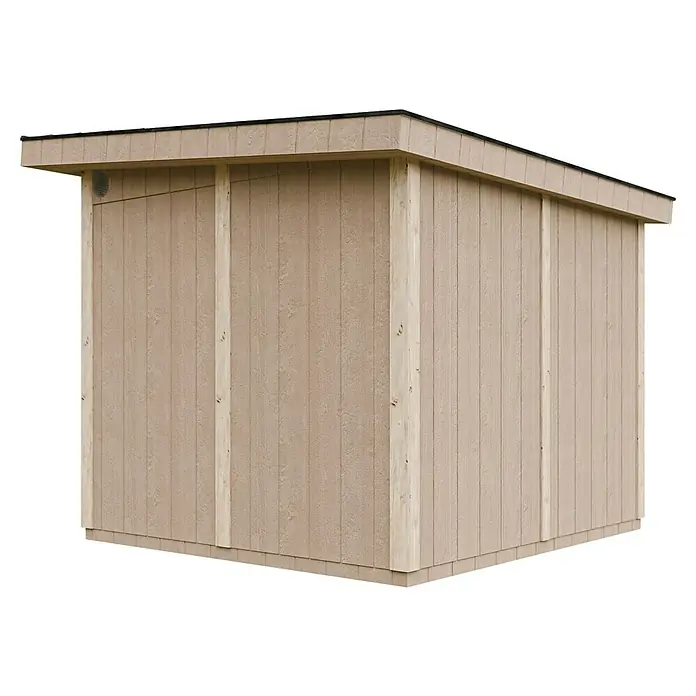 Timbela Gerätehaus M903 - Außenmaß inkl. Dachüberstand (B x T): 294 x 279 cm, Holz, Beige - Nahaufnahme eines beigen Holzschuppens mit schrägem Dach und vertikalen Holzpaneelen, ideal für die Gartenaufbewahrung.