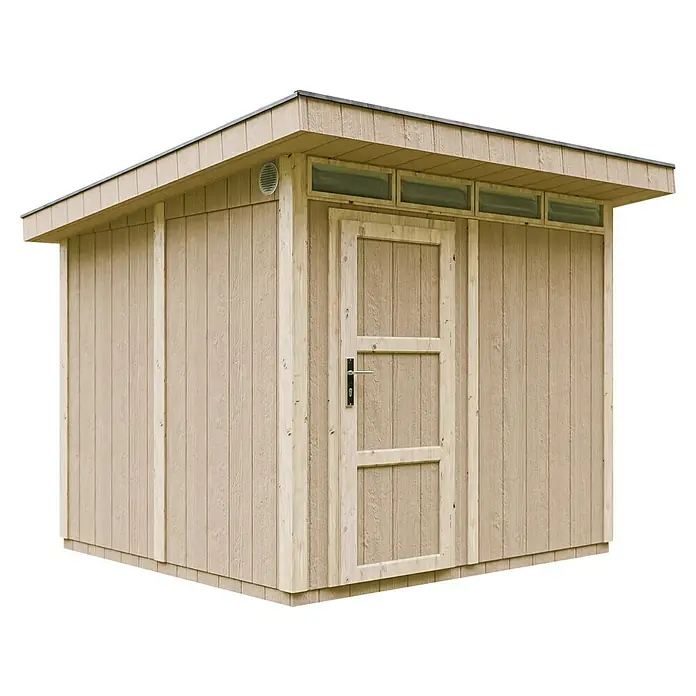Timbela Gerätehaus M903 - Außenmaß inkl. Dachüberstand (B x T): 294 x 279 cm, Holz, Beige - Ein beiges Gartenhaus mit einer Tür und Fenstern unter dem Dach. Das Haus ist aus Holz gefertigt und hat ein schlichtes Design.