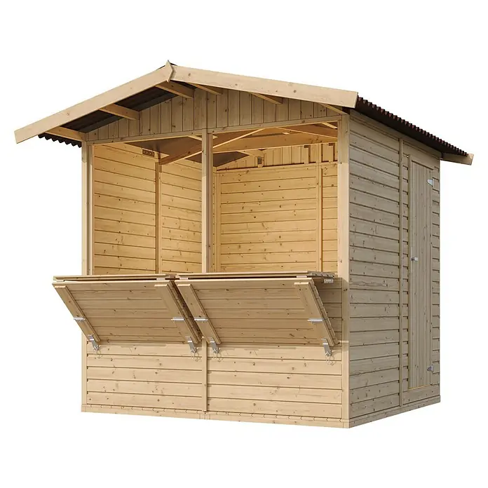Timbela Marktstand M149 - Außenbreite inkl. Dachüberstand: 253 cm, Außentiefe inkl. Dachüberstand: 263 cm, Natur - Holzverkaufsstand mit aufklappbaren Theken und Tür an der Seite. Ideal für Märkte und Veranstaltungen, um Waren zu präsentieren.