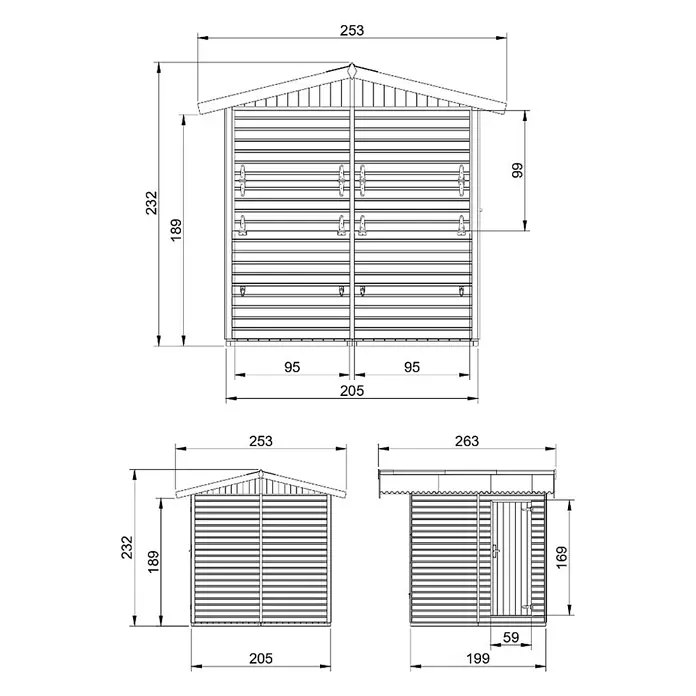 Timbela Marktstand M149 - Außenbreite inkl. Dachüberstand: 253 cm, Außentiefe inkl. Dachüberstand: 263 cm, Natur - Abbildung eines Gartenhauses mit detaillierten Maßangaben zu Höhe, Breite und Tiefe für einen einfachen Aufbau.