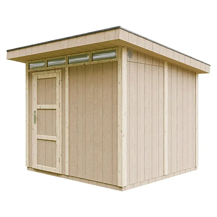 Timbela Gerätehaus M903 - Außenmaß inkl. Dachüberstand (B x T): 294 x 279 cm, Holz, Beige - Geräumiges Holzgartenhaus mit Tür und Fenstern für Geräte und Gartenzubehör.