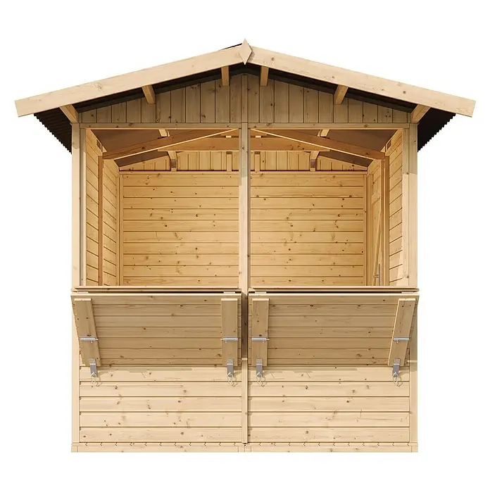 Timbela Marktstand M149 - Außenbreite inkl. Dachüberstand: 253 cm, Außentiefe inkl. Dachüberstand: 263 cm, Natur - Holzverkaufsstand mit ausklappbaren Ablagen. Ideal für Märkte oder als Outdoor-Verkaufsfläche, gefertigt aus robustem Holz.