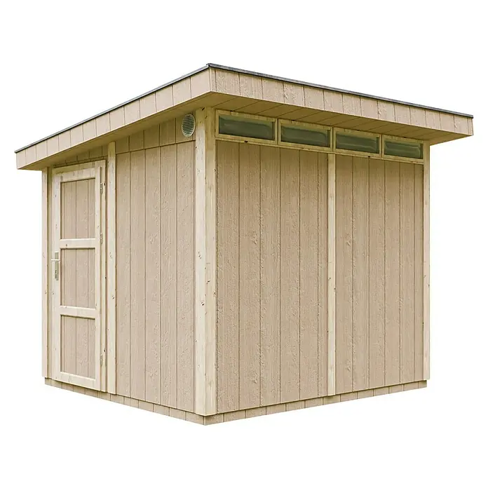 Timbela Gerätehaus M903 - Außenmaß inkl. Dachüberstand (B x T): 294 x 279 cm, Holz, Beige - Dieses Bild zeigt einen vorgefertigten Holzschuppen mit einer Tür und Fenstern oben. Perfekt für die Aufbewahrung im Garten.