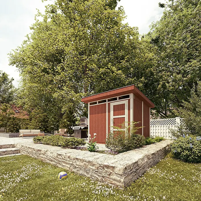 Timbela Gerätehaus M903 - Außenmaß inkl. Dachüberstand (B x T): 294 x 279 cm, Holz, Beige - Eine rote Gartenhütte mit weißem Rahmen steht im Garten, umgeben von Grün. Ideal für die Aufbewahrung von Gartengeräten.